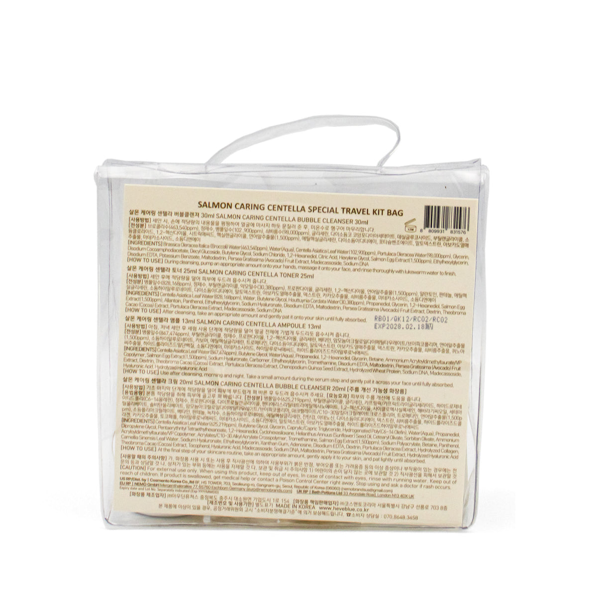 Heveblue Salmon Caring Centella Special Travel Kit Bag von hinten